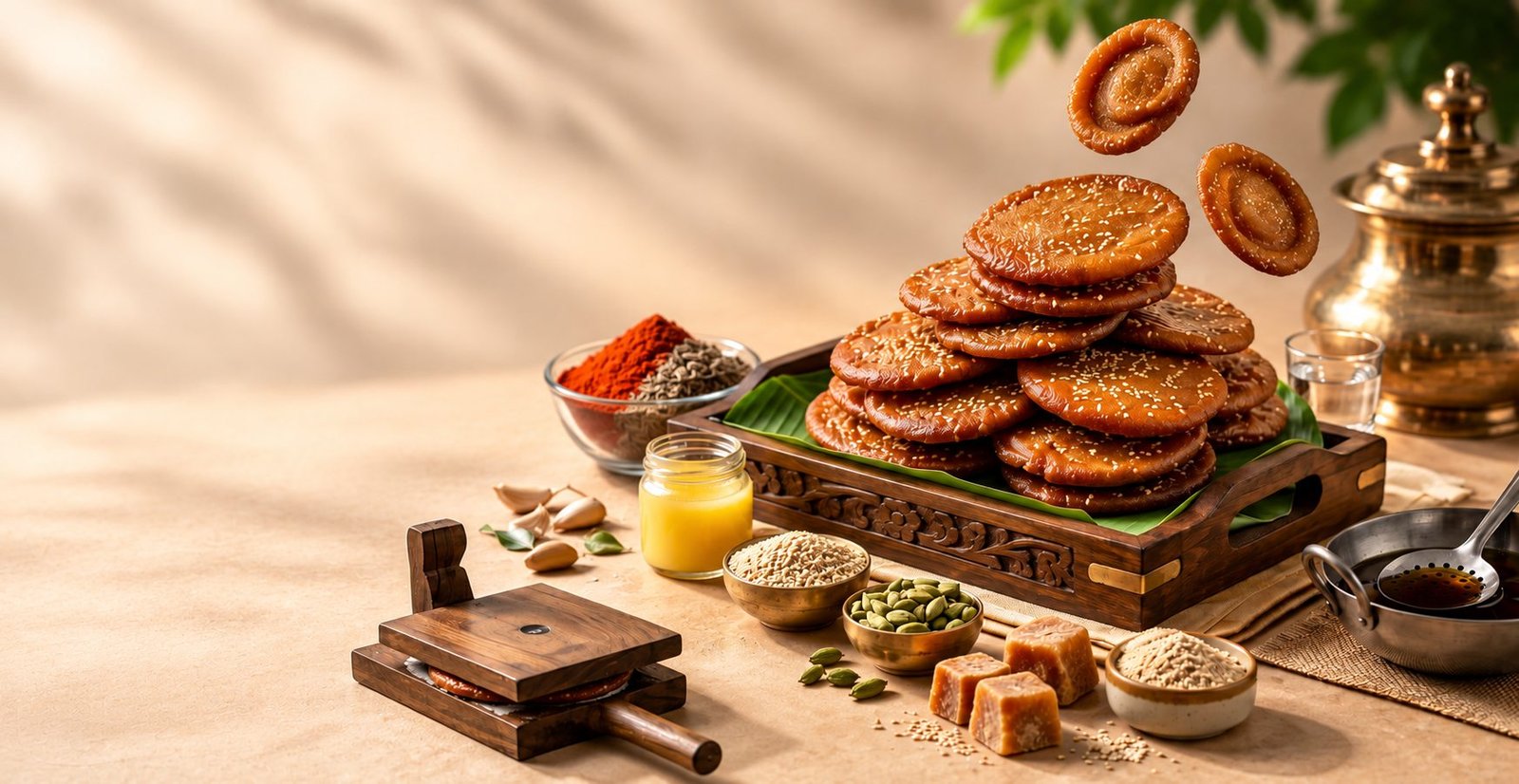 Sesame-crusted Ariselu stacked on banana leaf