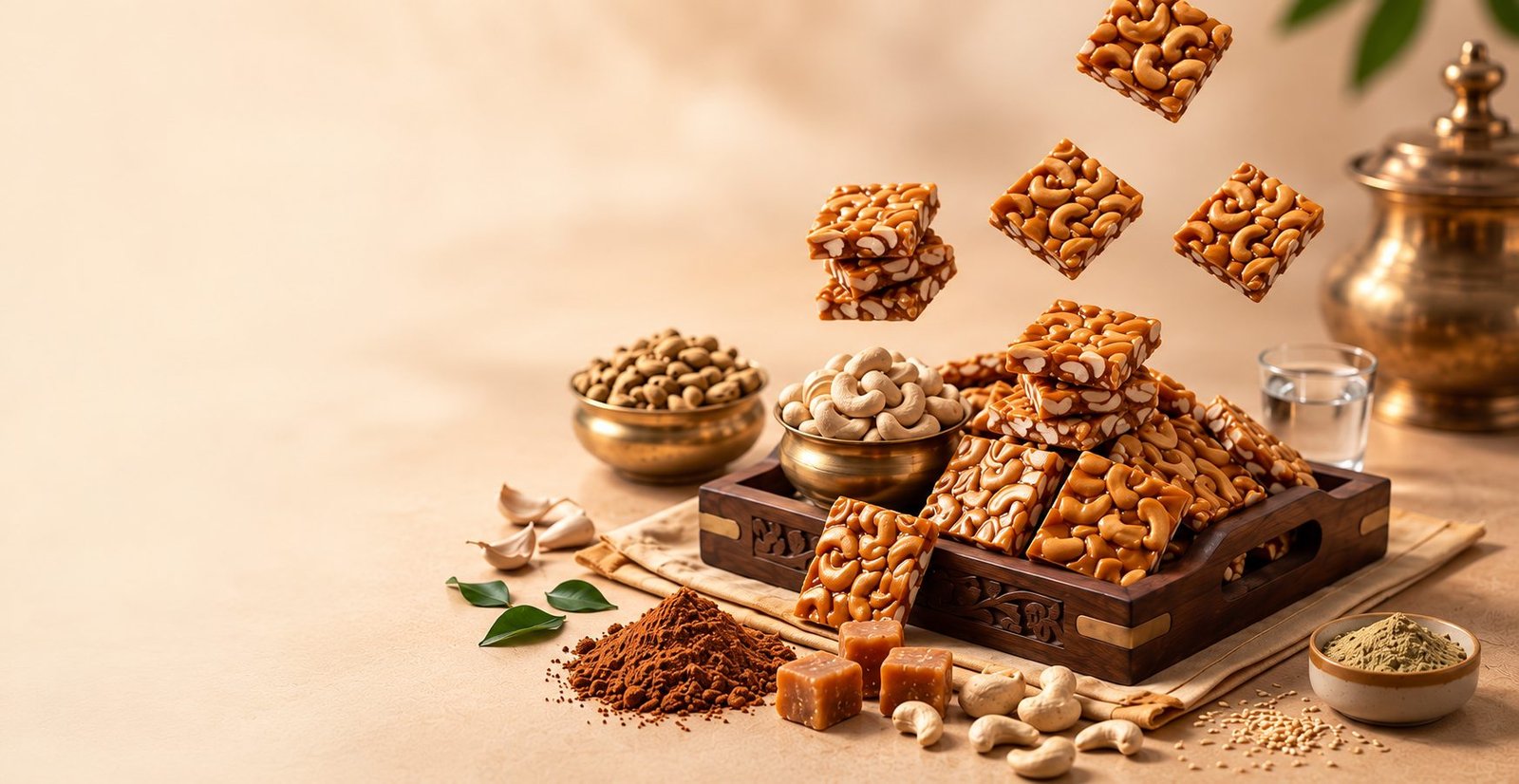 Cashew Chikki squares stacked in a wooden tray with cashews and jaggery