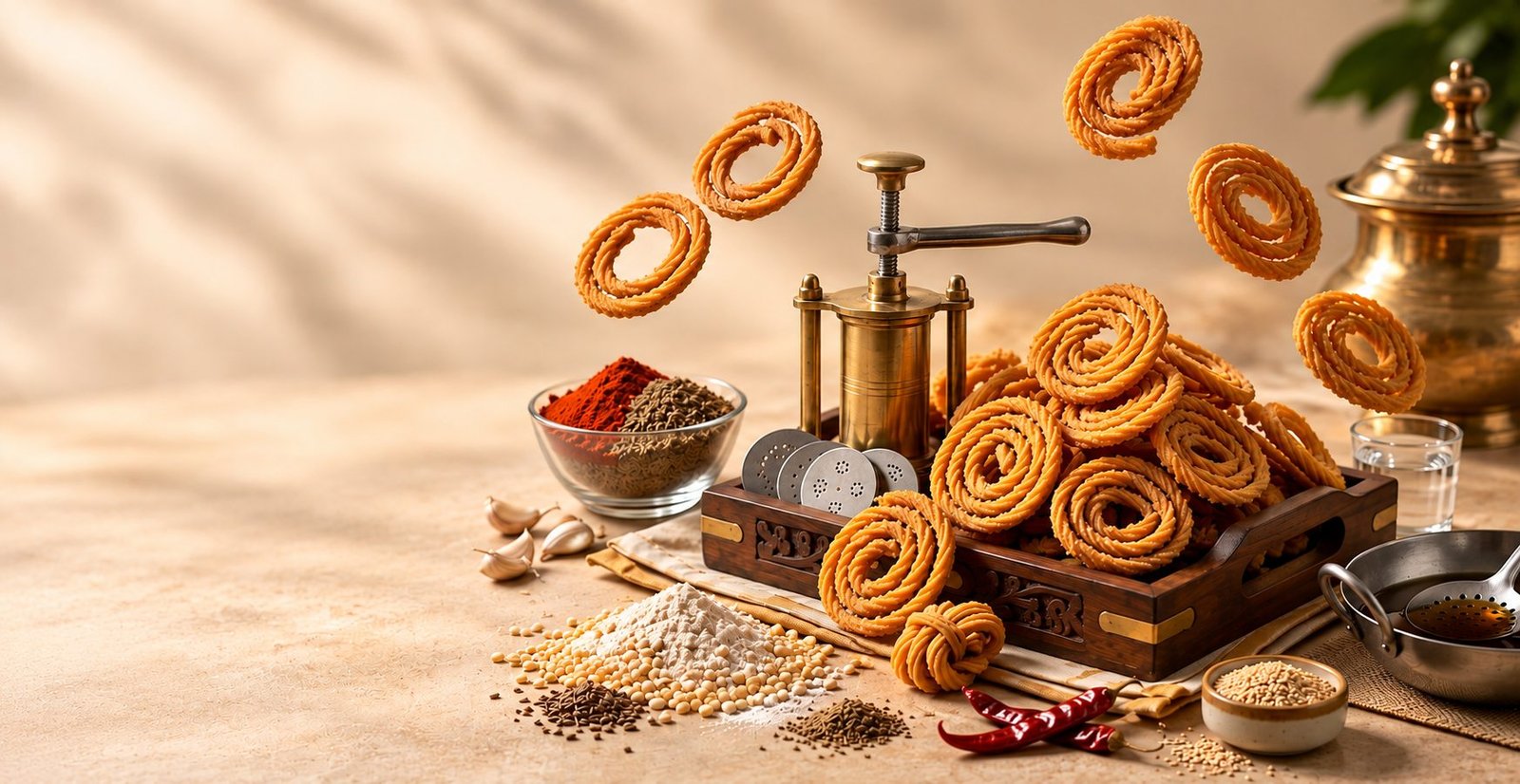 Golden Janthikalu spirals heaped beside a brass murukku press