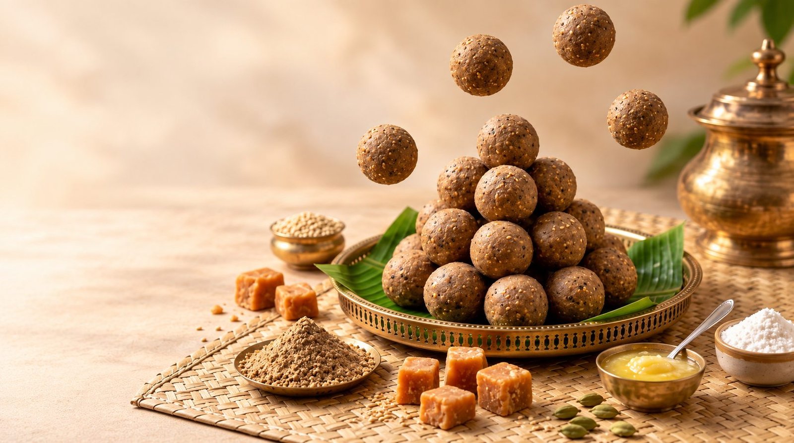 A pyramid of Sunnundalu laddus on a brass plate with jaggery and ghee